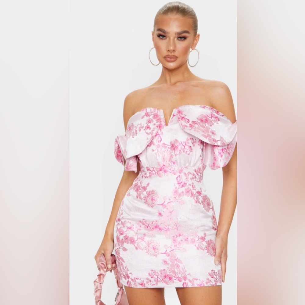 PrettyLittleThing Pink Jacquard Dress